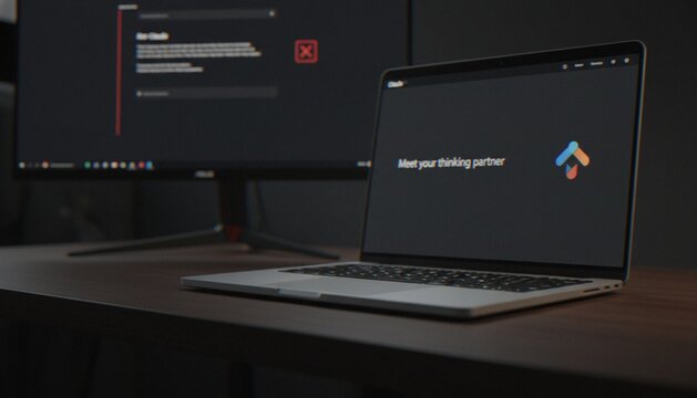 A close-up shot of a modern laptop open on a wooden desk with a large computer monitor in the background, displaying the Claude AI interface in a dimly lit, minimalist workspace.