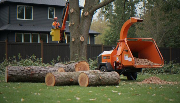 A professional tree removal service team works in a residential backyard, featuring a wood chipper, cut logs, and an arborist in a bucket truck.