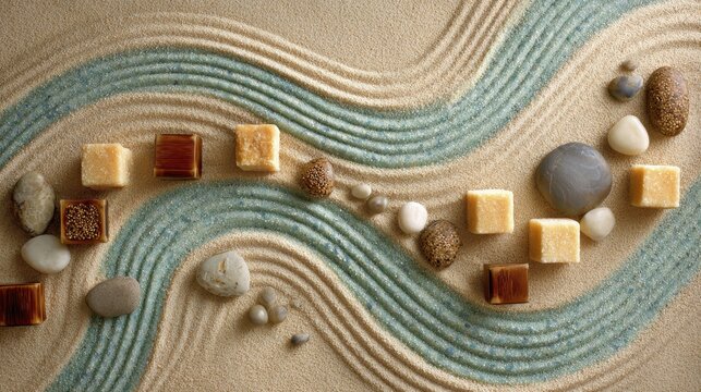 Tranquil Sand Arrangement with Sugar Cubes and Stones in Soft Waves of Blue and Beige Colors