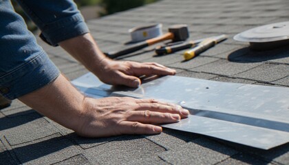 A close-up view of a professional roofer's hands installing metal flashing on a residential asphalt shingle roof during a repair. © Varos