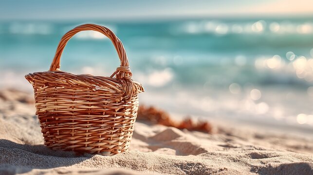 Empty wicker basket on sandy beach with ocean background and bright sunlight, clean summer composition in realistic lifestyle photography style.