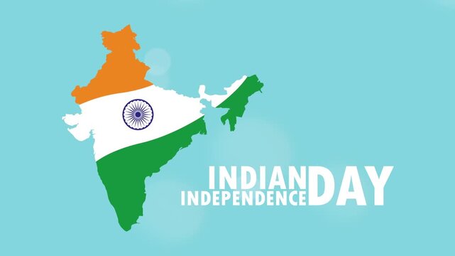 Animated india map flag zoom and motion graphics text for indian independence day celebration on blue background.