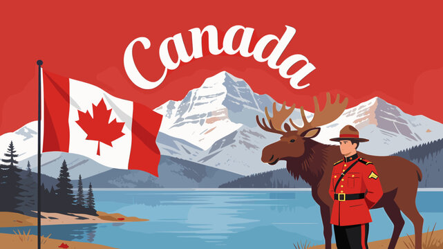 A vibrant illustration of Canadian icons including a flag, moose, RCMP officer, and mountains by a lake.