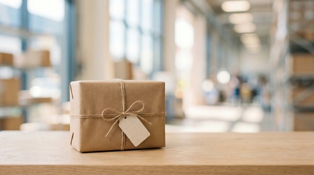 Small Brown Paper Parcel with Blank Tag on Wooden Table in Warehouse Logistics Center for E-commerce Shipping