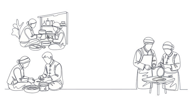 People preparing food in a simple line drawing style.