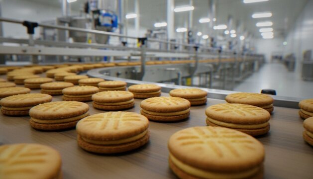 Rows of sandwich cookies with a cream filling moving along an industrial conveyor belt in a large food manufacturing factory.