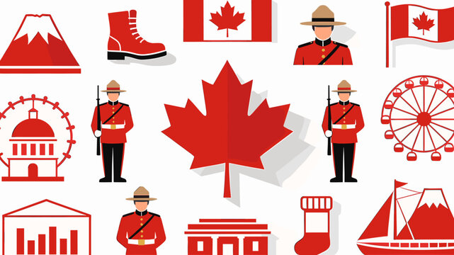 A collection of Canadian national symbols and icons, including the maple leaf, flag, Mounties, mountains, and other cultural elements, presented in a flat design style with red and white colors.