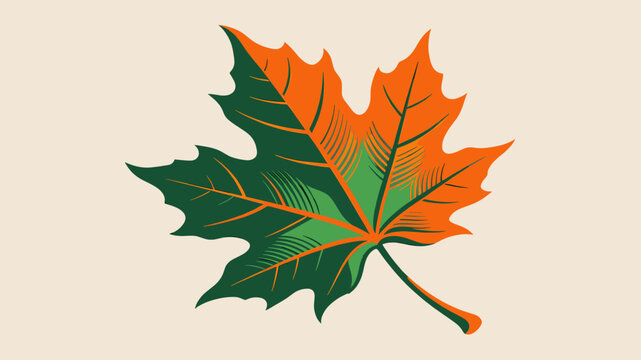 A stylized illustration of a maple leaf, half green and half orange, with intricate line details.