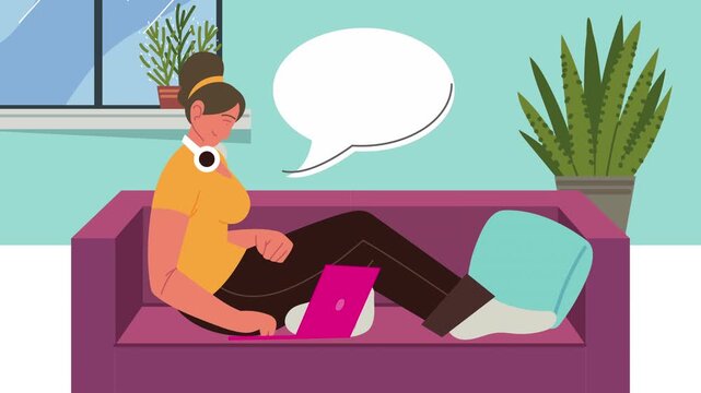 Young woman using laptop on sofa with speech bubble animation showing concept of communication and remote work.