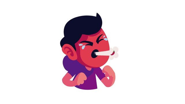 Animated boy breathing out fire after eating spicy chili pepper cartoon motion graphic.
