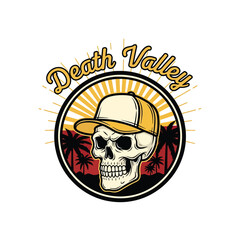 Fototapeta premium Vintage style skull wearing a baseball cap emblem design.