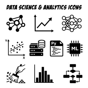 Data Science and Analytics Icons Representing Various Concepts.