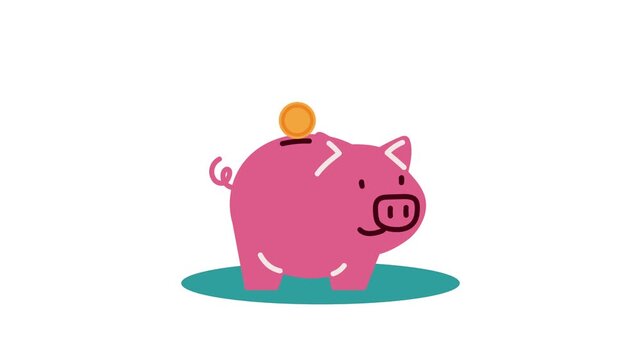 Animated piggy bank with coins falling into slot for financial savings and investment concept in flat design style.