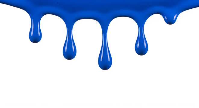 Blue paint dripping down on white background