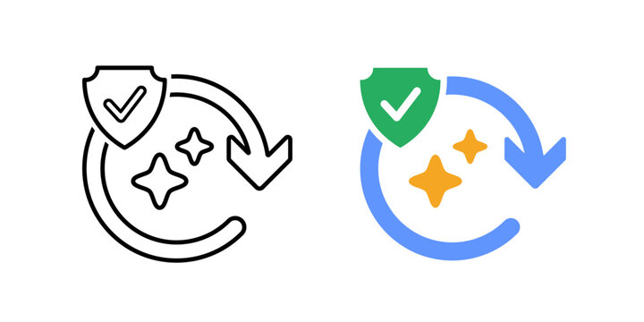 AI self correction loop icon. Circular feedback arrow with shield checkmark element. Validation and verification workflow structure. Secure automation graphic. Minimal flat technology symbol.