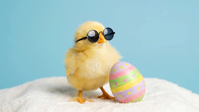 Cute Easter chick wearing sunglasses with painted egg.