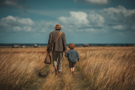 An older man and a young boy walk hand-in-hand through a tall grassy field under a cloudy sky.