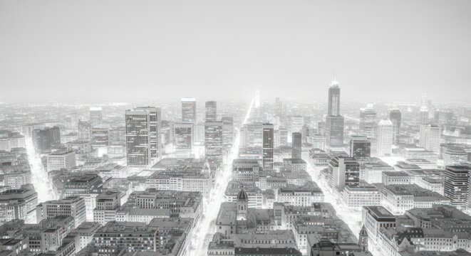 High angle aerial view of a dense metropolitan city skyline featuring numerous skyscrapers and urban buildings captured in a bright high key black and white photographic style
