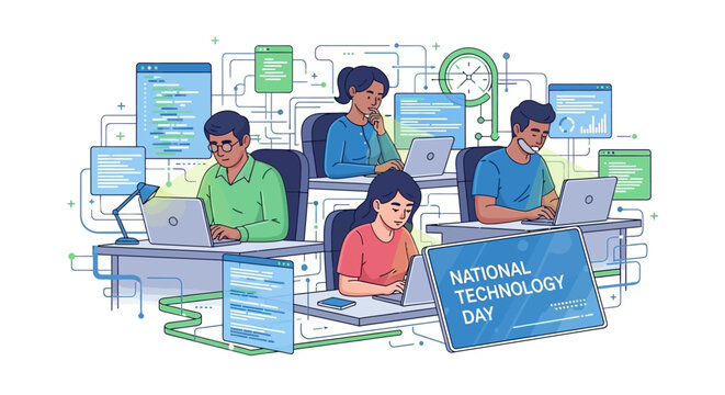 Stylized vector illustration for National Technology Day featuring a diverse team collaborating on laptops, showcasing engineering innovation and digital transformation against a clean