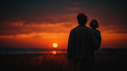 Fototapeta premium A person holding a child watches a vivid sunset over a field, creating a serene and intimate moment at dusk.