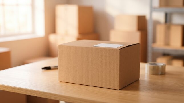 Cardboard shipping box on wooden table in warehouse for e-commerce logistics and small business order fulfillment
