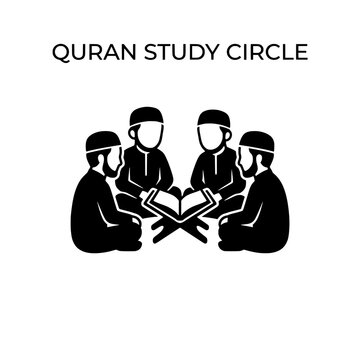 Group of Muslim Men Studying the Quran Together in Circle.