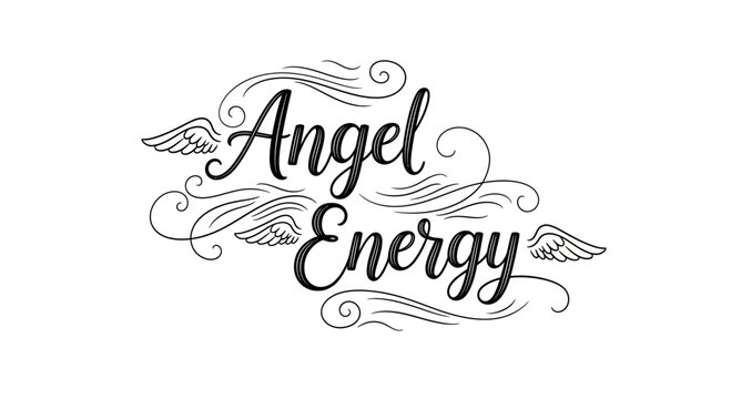 Angel Energy hand-drawn lettering with wings and swirls
