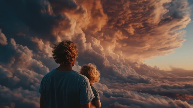 A person holding a child gazes at a dramatic, fiery sky filled with thick, textured clouds at sunset.