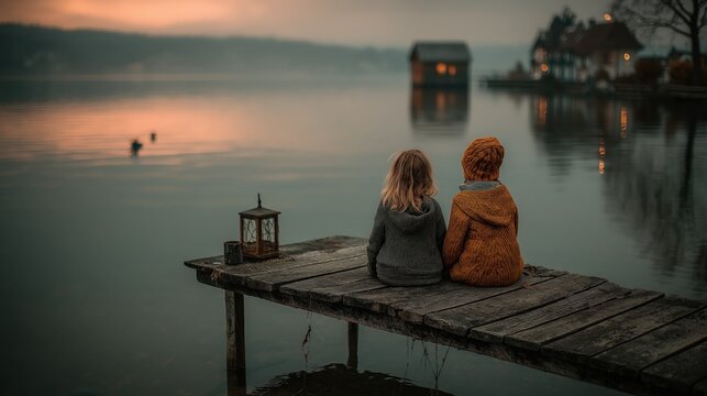 Two children sit on a wooden dock overlooking a calm lake at dusk, with distant houses and soft lights reflecting on the water.