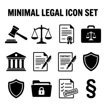 Minimalist Legal Icon Set Depicting Justice and Law Symbols.