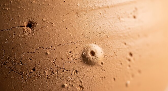 Close-up macro shot of cracked clay surface with small holes and texture