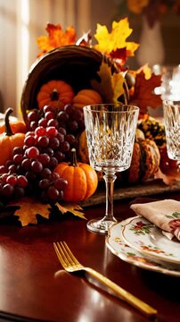 A cornucopia overflowing with pumpkins and grapes is set on a wooden table with festive autumn leaves and a crystal glass displaying harvest abundance and seasonal celebration