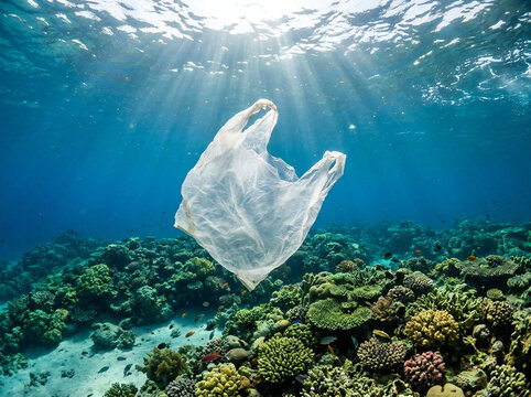 美しい海を漂うプラスチック袋の海洋汚染