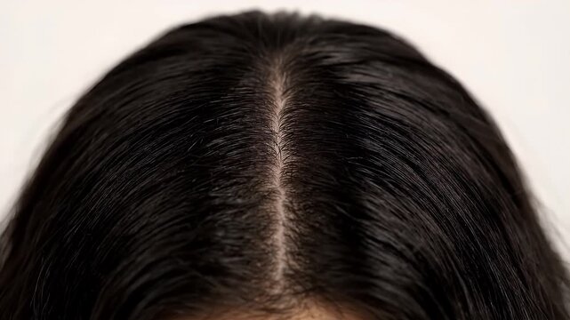 Scalp dark hair parting texture showing roots and skin on a neutral light background