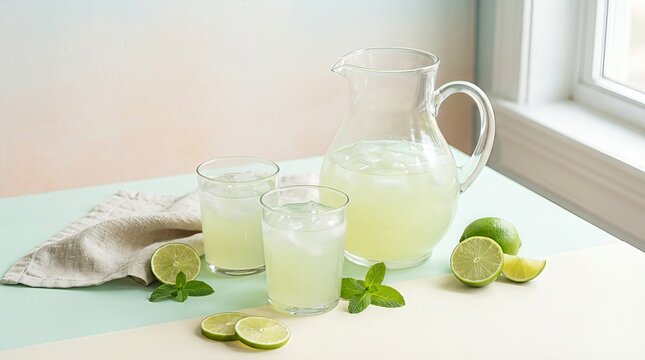 A pitcher and two glasses of homemade limeade with ice, garnished with fresh lime slices and mint leaves, set on a light-colored table next to a window.