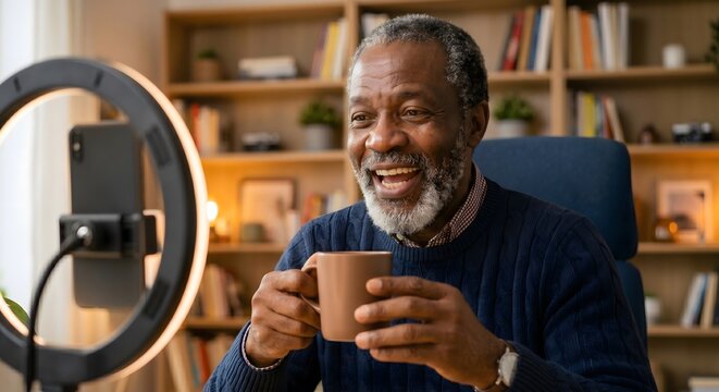 Senior man recording video blog with ring light