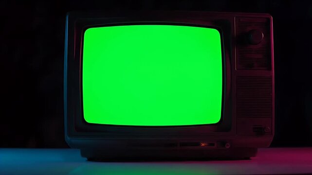 Vintage television set displaying static noise and color bars against a green screen