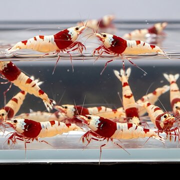 Closeup of shrimp in aquarium water.