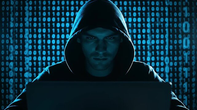 hacker in a black hoodie using a laptop with blue binary code digital background art
