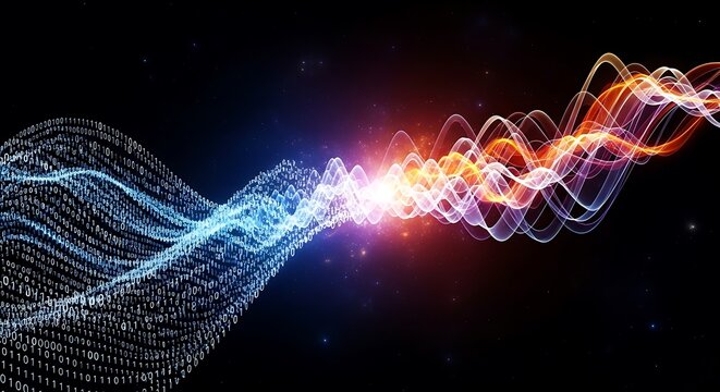 Digital data stream transforming into colorful energy waves against a dark background