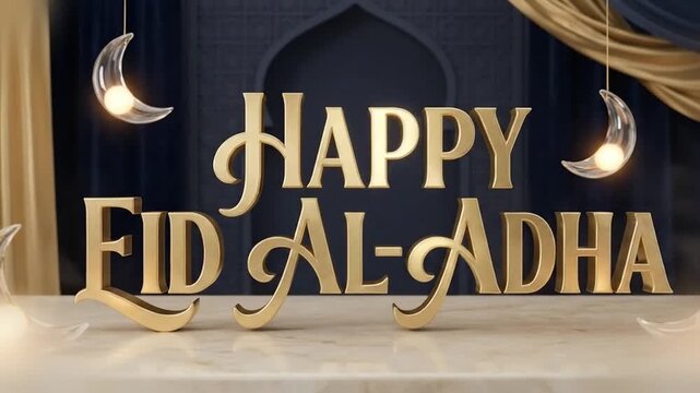 Happy Eid Al Adha luxury typography featuring satin metallic finish and glowing crescent details