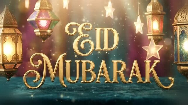 Premium Eid Mubarak editorial artwork featuring glossy embossed typography dreamy haze lighting and oversized lanterns