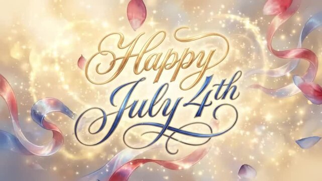 Happy 4th of July premium festive illustration featuring silky ribbons glowing haze and abstract fireworks petals