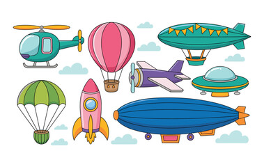 Cute flying transport vector set with helicopter, rocket, airship, airplane and hot air balloon illustrations © LatifunNahar