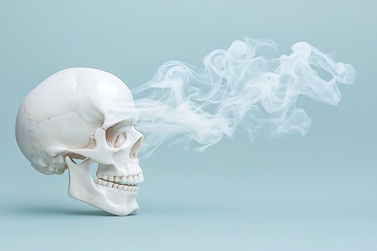 Human Skull with Smoke Emission on Light Blue Background, Anatomical Model for Forensic or Medical Illustration