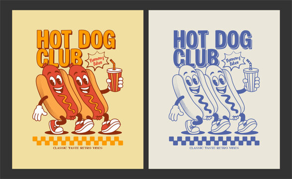 Retro hot dog club poster with smiling cartoon mascots, bold vintage typography, soda cup, halftone texture, perfect for t-shirt, streetwear and hoodie design