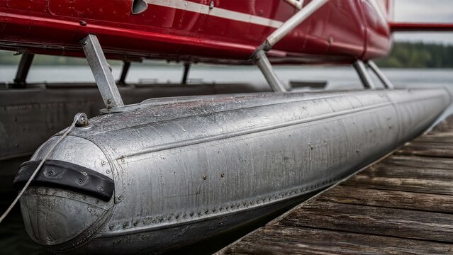 floatplane. Close-up of a red floatplane's aluminum pontoon with water droplets. mobility guides, transit brochures, designed for transport & logistics marketing, used by graphic designers.