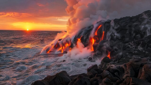 meson. Lava meeting ocean, forming black volcanic rock with rising steam at sunset. inspiring travel planning, travel magazines, designed for travel destination branding, used by nutritionists.