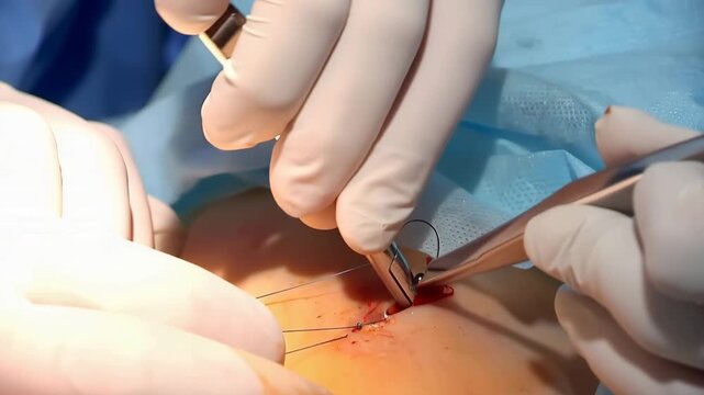 Doctors perform a surgery in an operating room. They use tools to stitch and close the patient's wound carefully. The process is shown step by step.