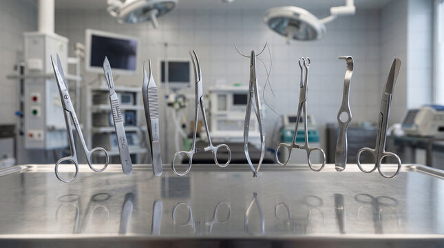 Surgical Instruments Floating Above Reflective Table With Soft Shadows In Hyper Real Operating Room